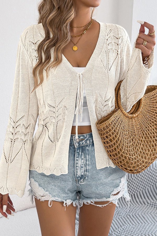 Casual Solid Color Hollow V Neck Cardign - Dutch