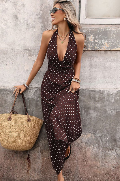 Deep V Neck Dots Print Retro Halter Neck Dress - Dutch