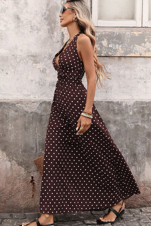 Deep V Neck Dots Print Retro Halter Neck Dress - Dutch