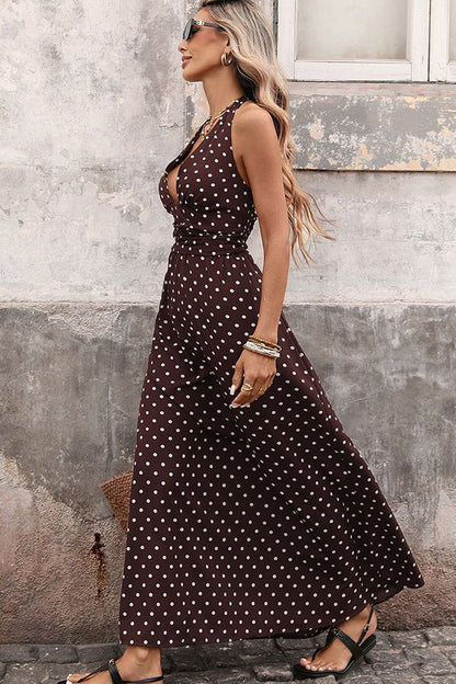 Deep V Neck Dots Print Retro Halter Neck Dress - Dutch