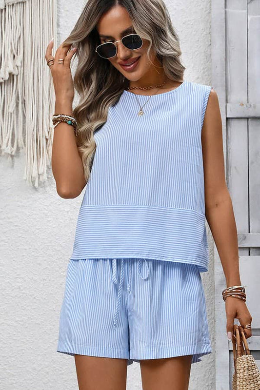 Fashion Stripe Print Round Neck Casual Two Piece Set - Dutch