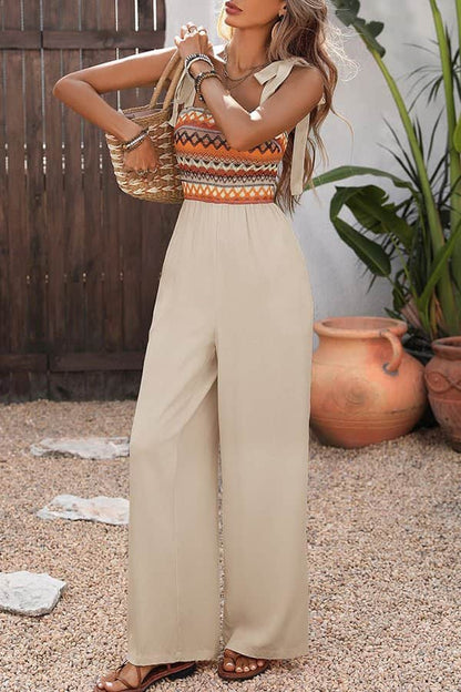 Tie Shoulder Patchwork Casual Jumpsuit - Dutch