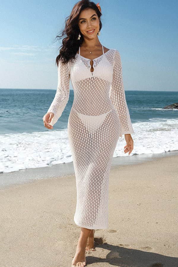 Fashion Hollow Long Sleeve Swimsuits Cover Up - Dutch