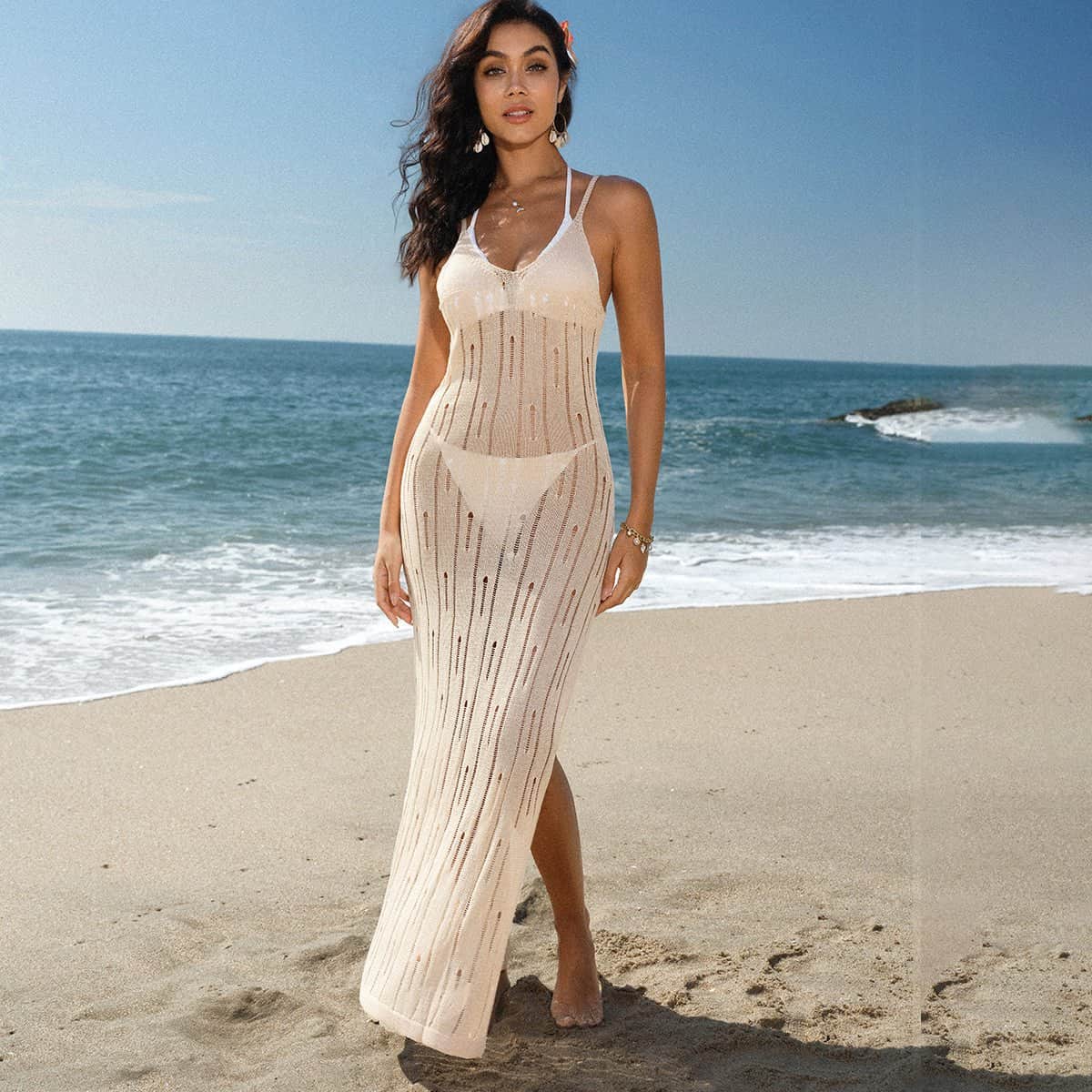 Solid Color V Neck Side Slit Swimsuits Cover Up - Dutch