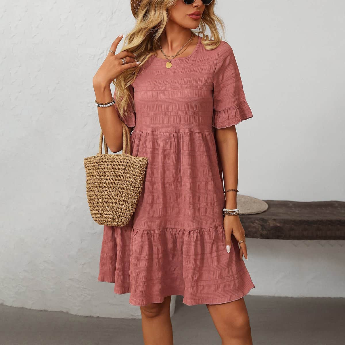 Fashion Cute Ruffle Hem Mini Dress - Dutch