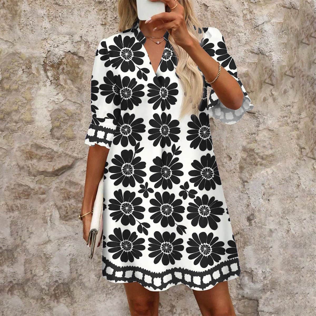 Fashion Flared Sleeves Printed Mini Dress - Dutch