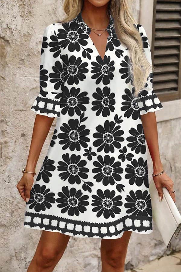 Fashion Flared Sleeves Printed Mini Dress - Dutch