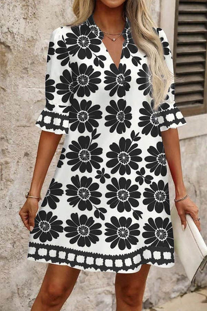 Fashion Flared Sleeves Printed Mini Dress - Dutch