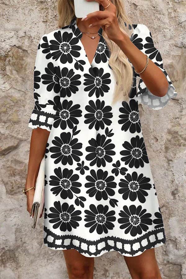 Fashion Flared Sleeves Printed Mini Dress - Dutch