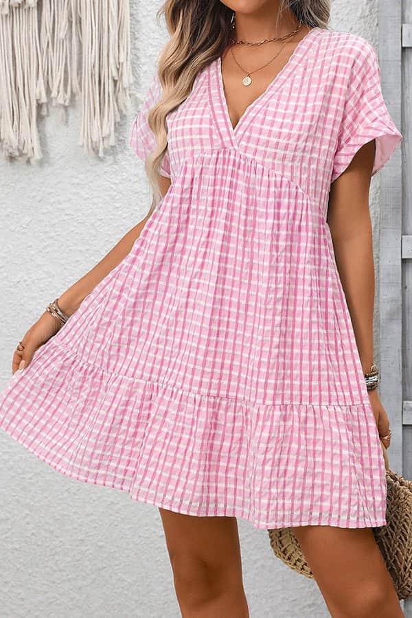 Fashion Plaid Print V Neck Mini Dress - Dutch