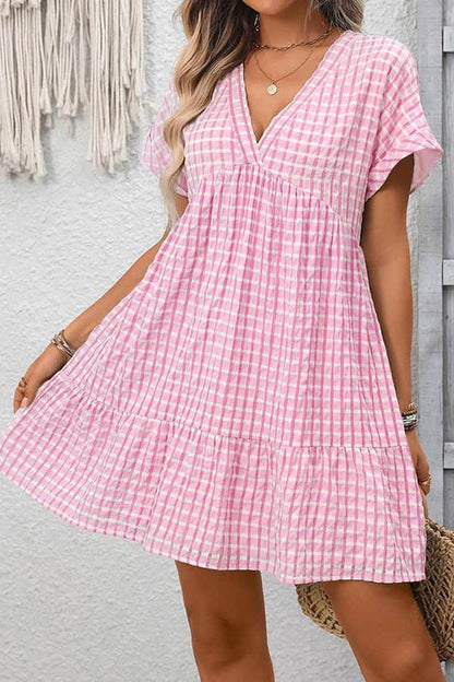 Fashion Plaid Print V Neck Mini Dress - Dutch