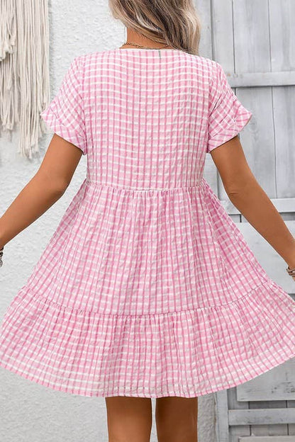 Fashion Plaid Print V Neck Mini Dress - Dutch