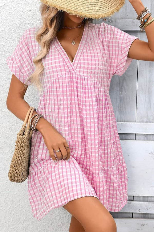 Fashion Plaid Print V Neck Mini Dress - Dutch