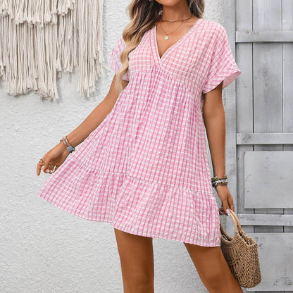 Fashion Plaid Print V Neck Mini Dress - Dutch