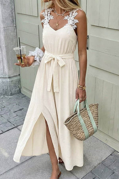 Fashion Solid Color Side Slit Tie Waist Dress - Dutch