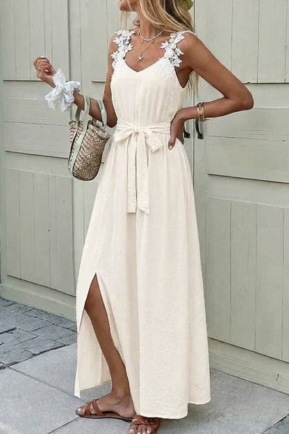 Fashion Solid Color Side Slit Tie Waist Dress - Dutch