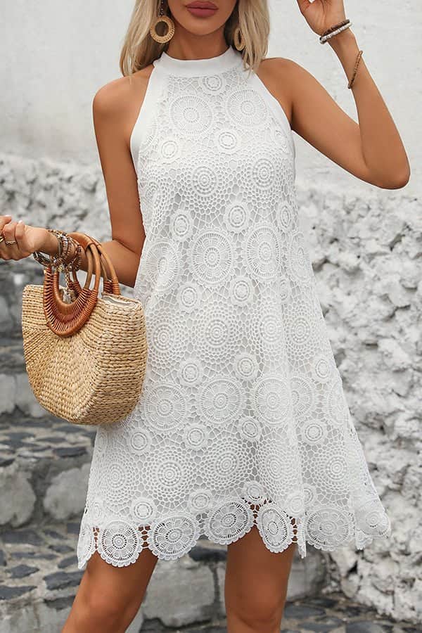 Lace Patchwork Solid Halter Neck Mini Dress - Dutch