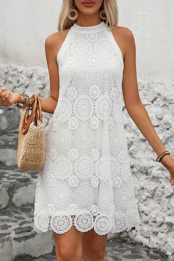 Lace Patchwork Solid Halter Neck Mini Dress - Dutch