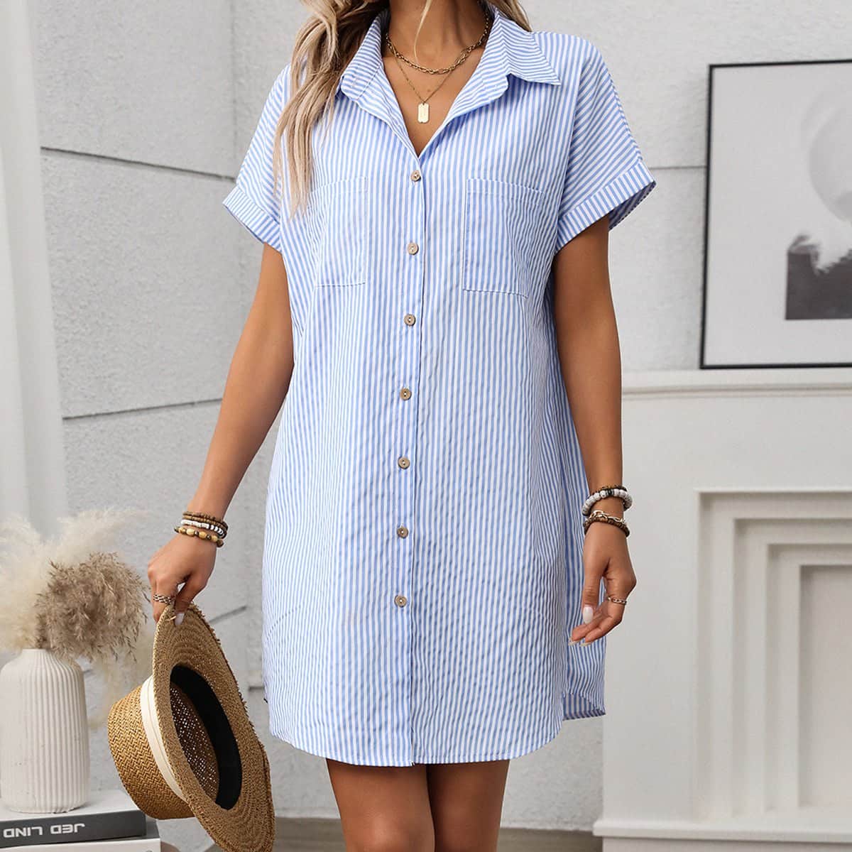 Stripe Print Lapel Short Sleeve Shirt Dress - Dutch