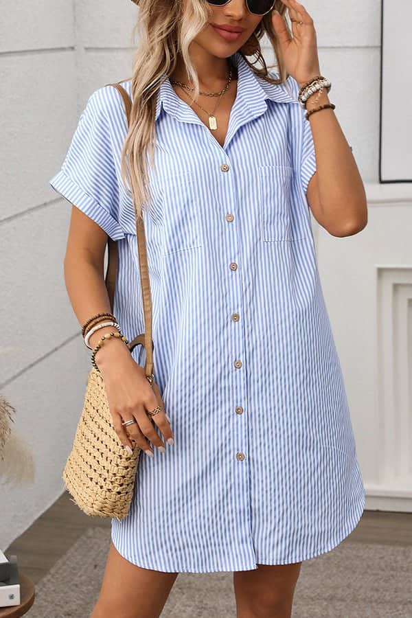 Stripe Print Lapel Short Sleeve Shirt Dress - Dutch