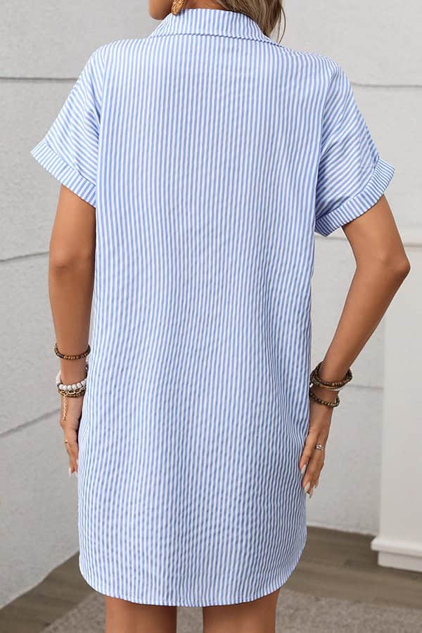Stripe Print Lapel Short Sleeve Shirt Dress - Dutch