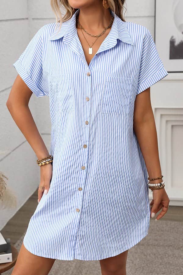 Stripe Print Lapel Short Sleeve Shirt Dress - Dutch