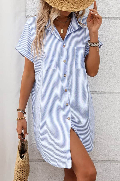 Stripe Print Lapel Short Sleeve Shirt Dress - Dutch