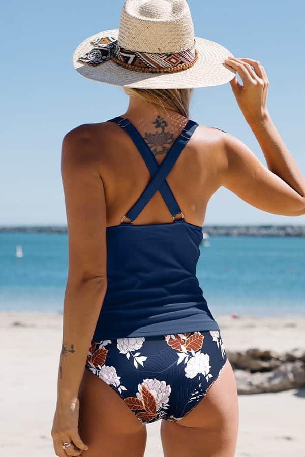 Fashion V Neck Tummy Control Ruched Tankini Set - Dutch