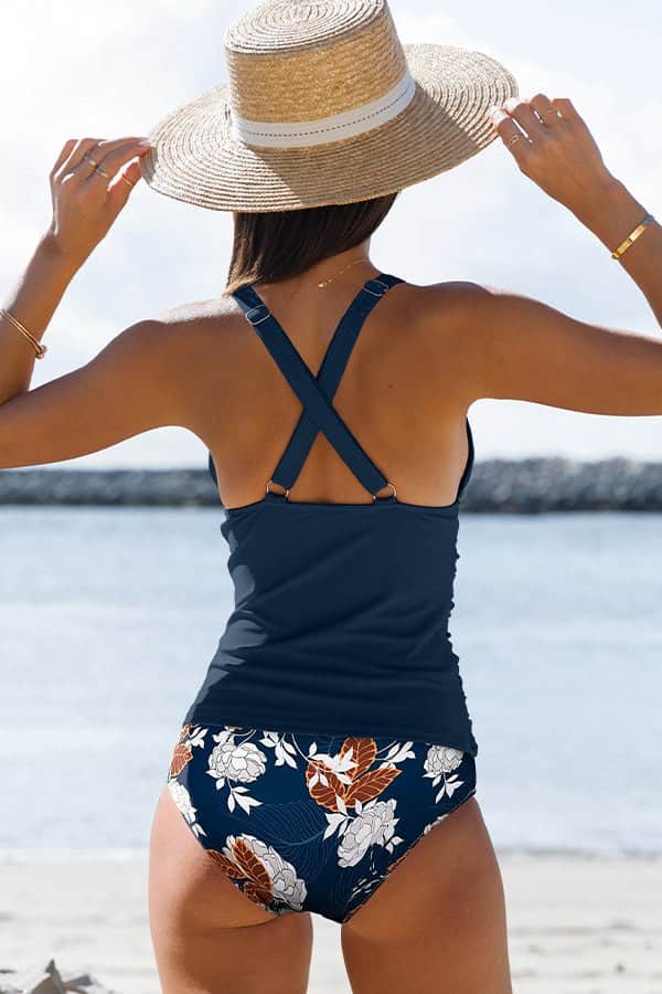 Fashion V Neck Tummy Control Ruched Tankini Set - Dutch