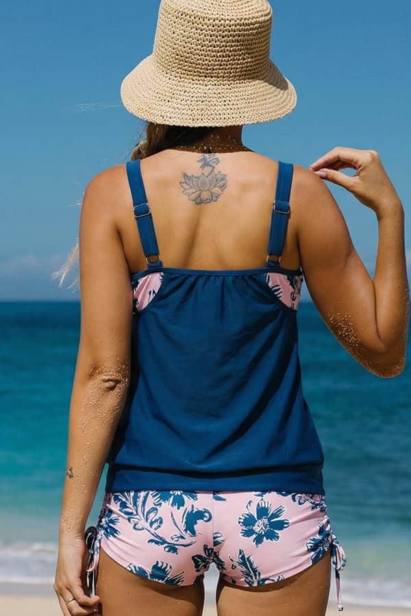 Floral Print Patchwork Scoop Neck Tankini Set - Dutch
