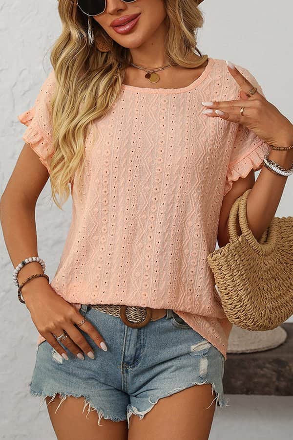 Fashion Round Neck Hollow Solid Color Casual Tops - Dutch