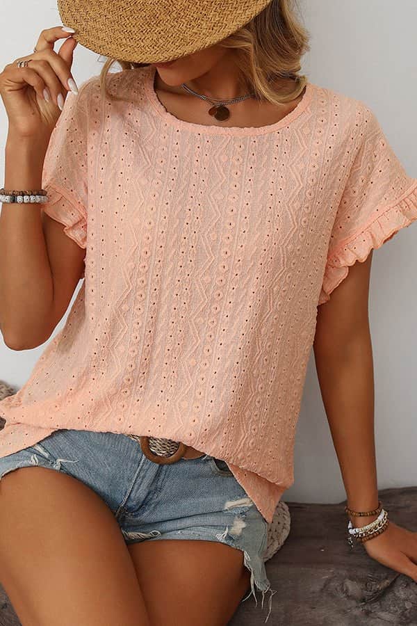 Fashion Round Neck Hollow Solid Color Casual Tops - Dutch