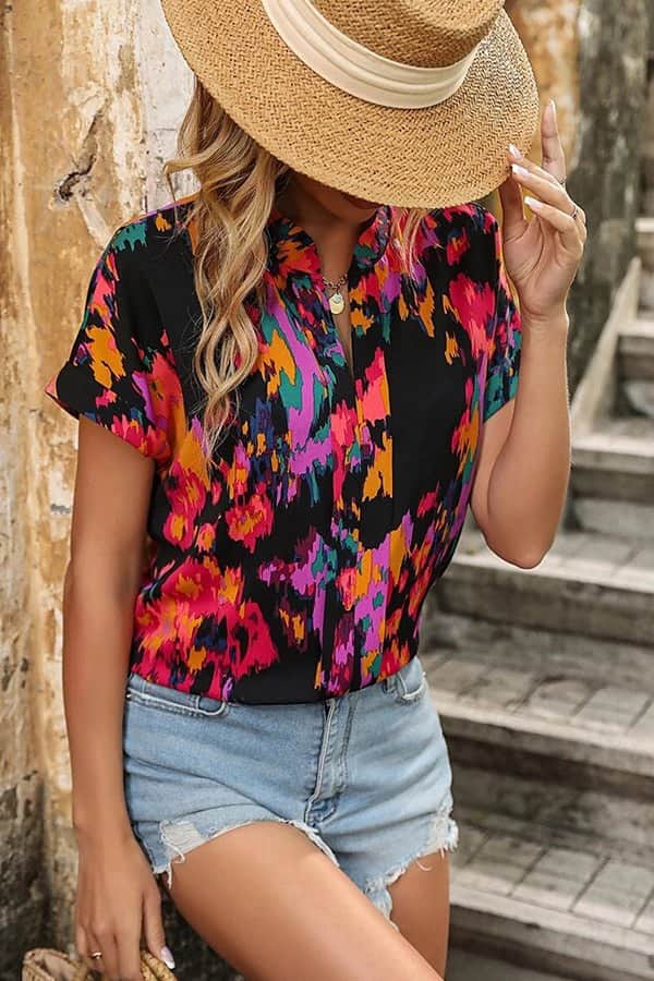 Fashion V Neck Short Sleeve Casual Tops - Dutch