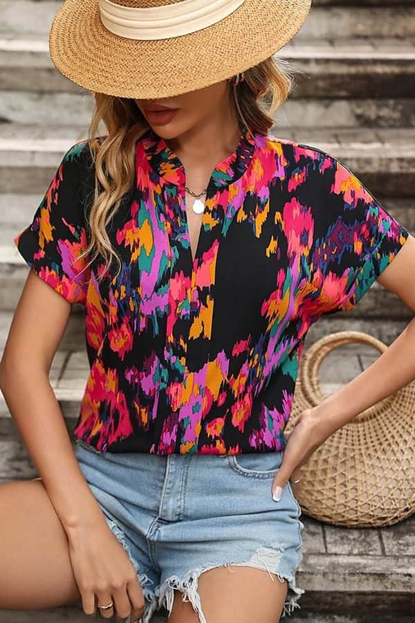 Fashion V Neck Short Sleeve Casual Tops - Dutch