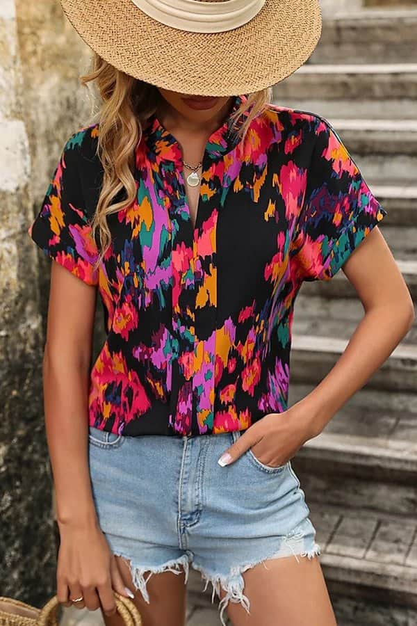 Fashion V Neck Short Sleeve Casual Tops - Dutch