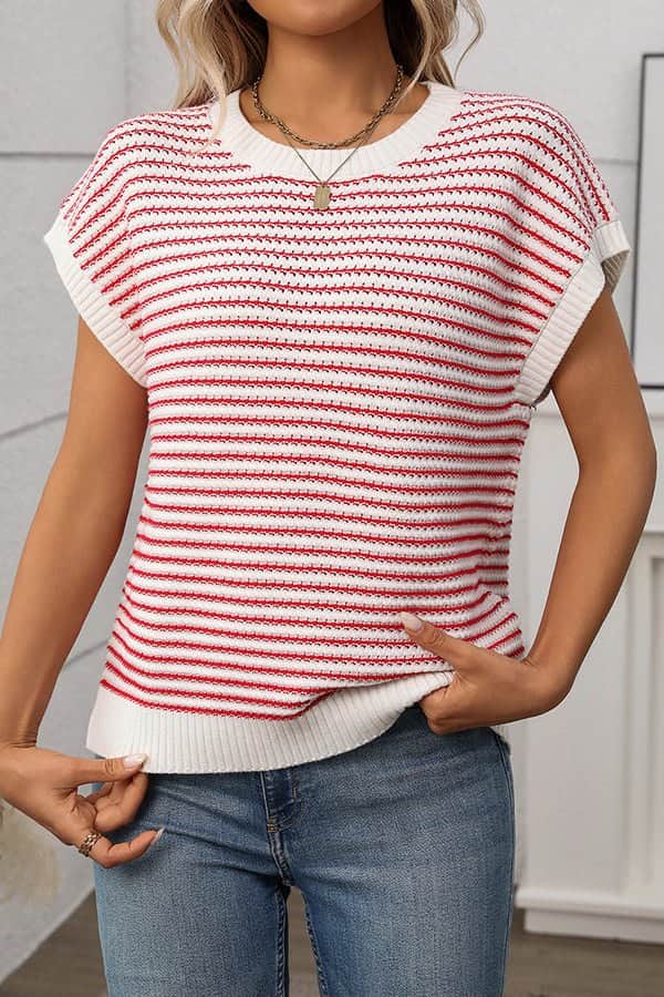 Stripe Print Color Block Knitted Casual Tops - Dutch