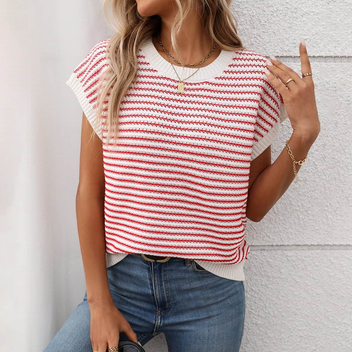 Stripe Print Color Block Knitted Casual Tops - Dutch