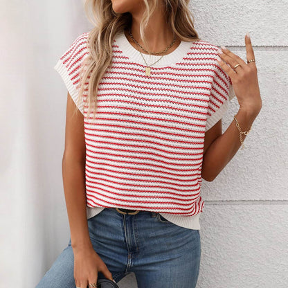 Stripe Print Color Block Knitted Casual Tops - Dutch
