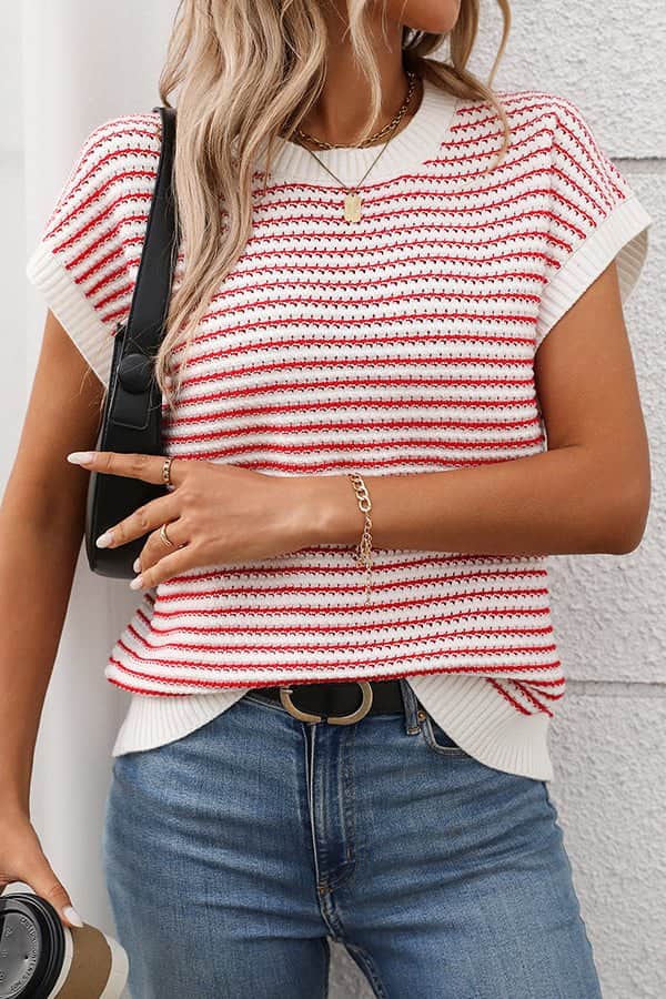 Stripe Print Color Block Knitted Casual Tops - Dutch