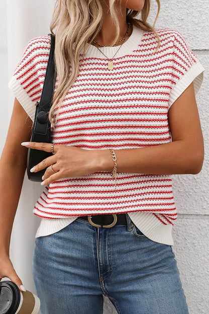 Stripe Print Color Block Knitted Casual Tops - Dutch