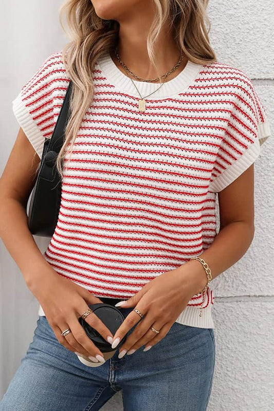 Stripe Print Color Block Knitted Casual Tops - Dutch