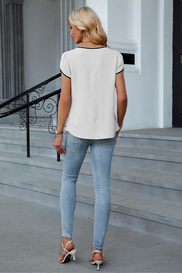 Fashion Color Block V Neck Casual Tops - Dutch