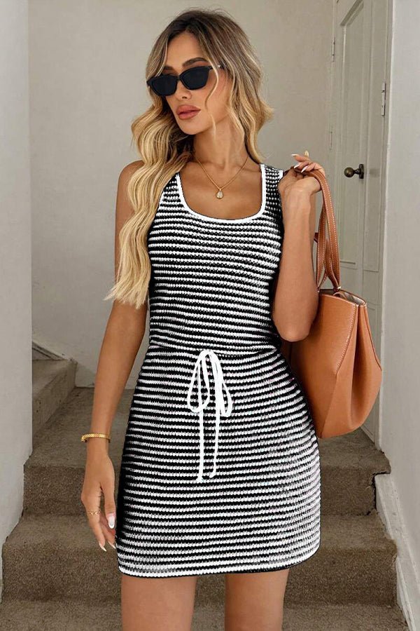 Fashion Drawstring Stripe Print Mini Dress - Dutch