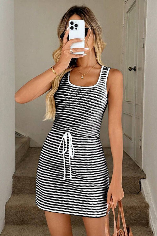 Fashion Drawstring Stripe Print Mini Dress - Dutch
