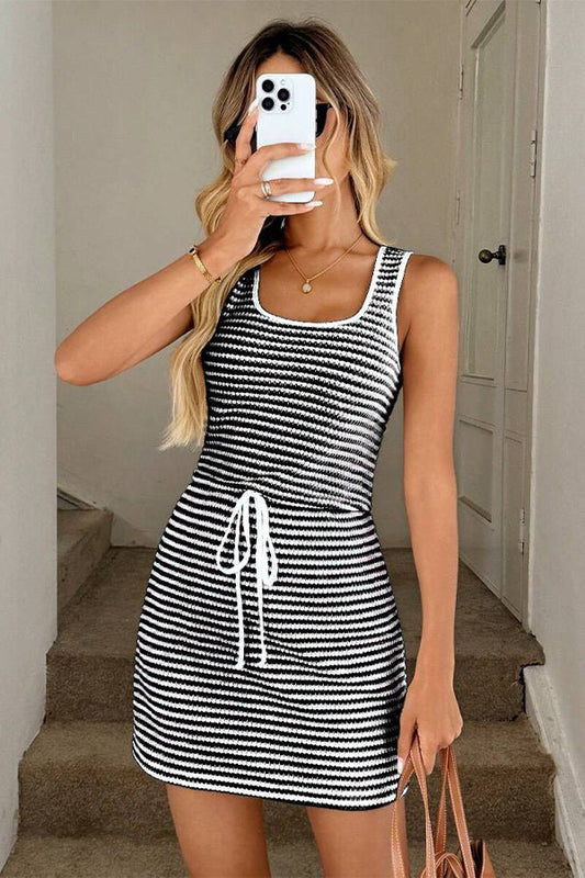Fashion Drawstring Stripe Print Mini Dress - Dutch