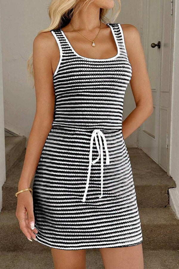 Fashion Drawstring Stripe Print Mini Dress - Dutch