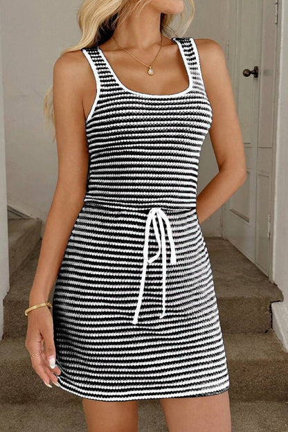 Fashion Drawstring Stripe Print Mini Dress - Dutch