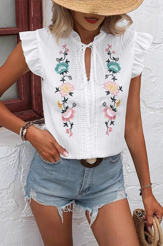 Fashion Embroidery Ruffle Sleeve Casual Tops - Dutch