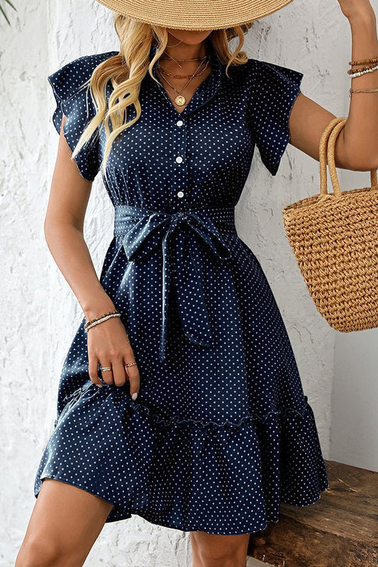 Fashion Polka Dots Print Tie Waist Casual Dress - Dutch