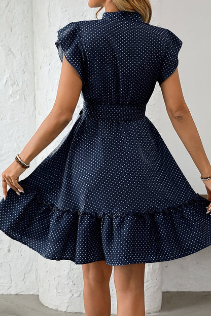 Fashion Polka Dots Print Tie Waist Casual Dress - Dutch
